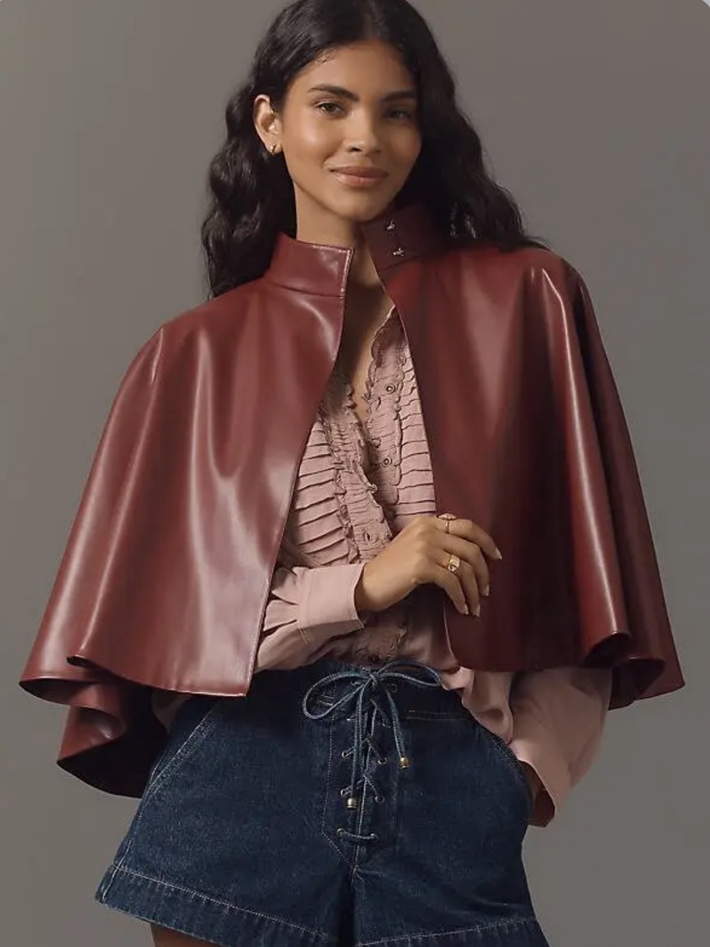 Burgundy Faux Leather Cape Jacket